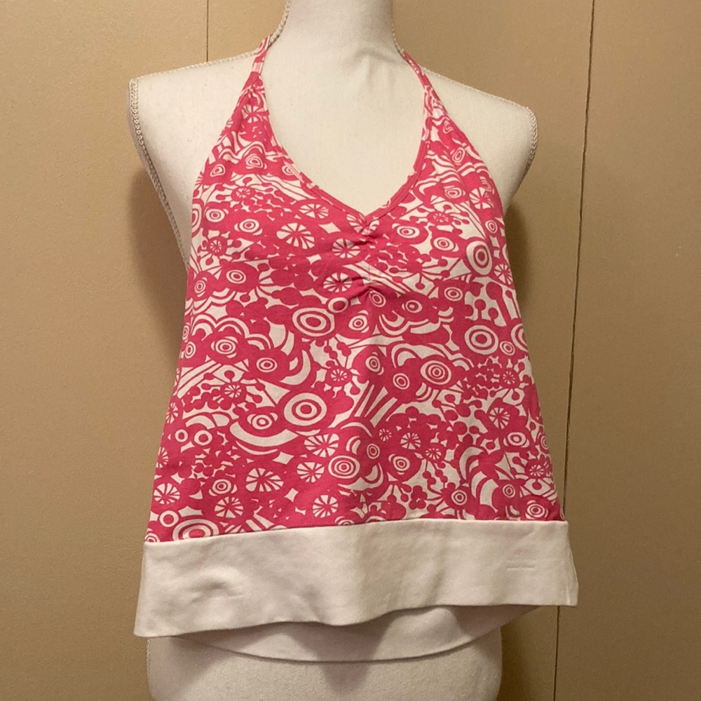 H&M Sz 8 V-neck Unlined Halter Top Cotton/Spandex , PINK/WHITE, NWOT